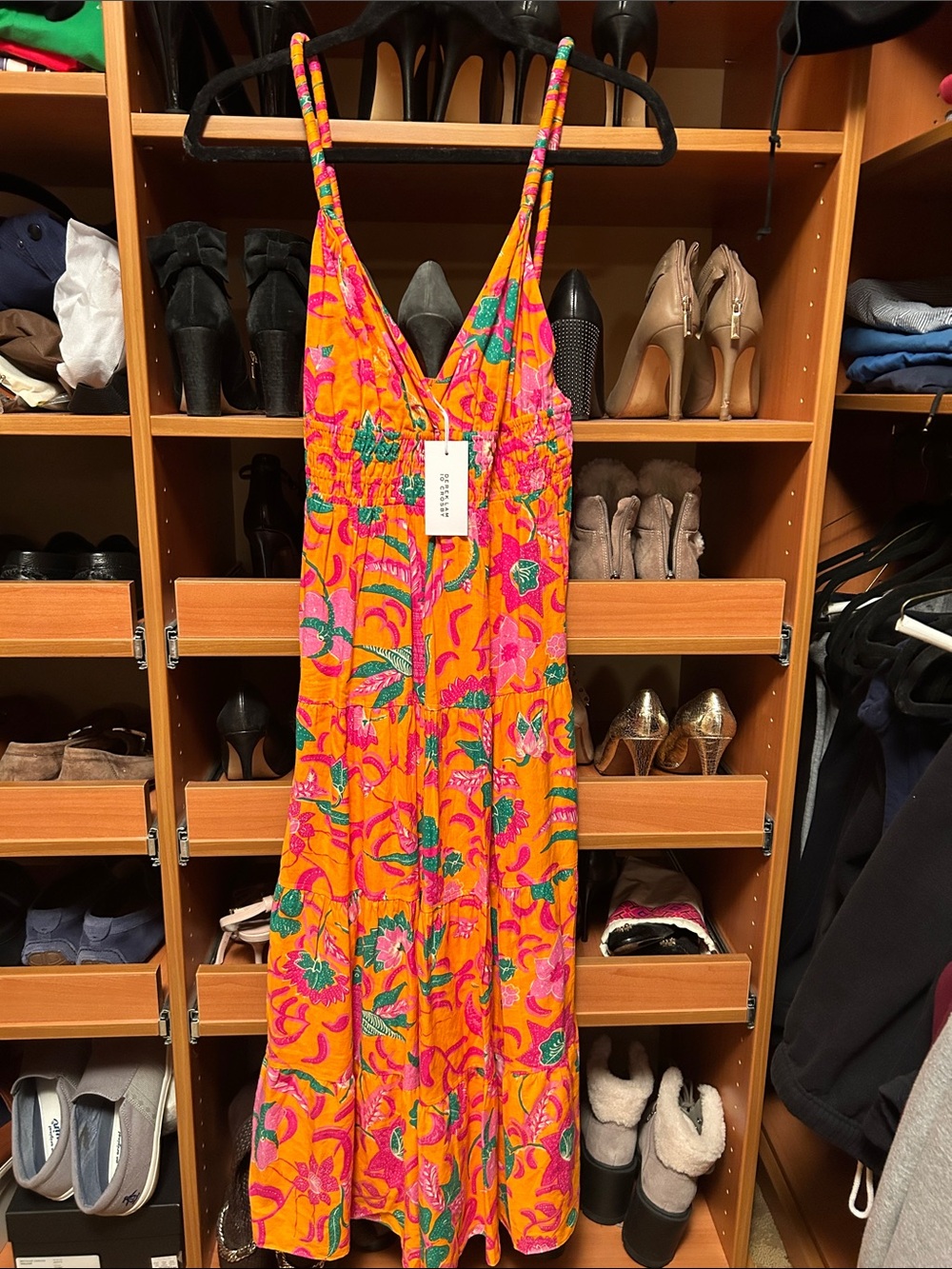 Derek Lam 10 Crosby Orange Maxi Dress with Pink & Green Floral Print
